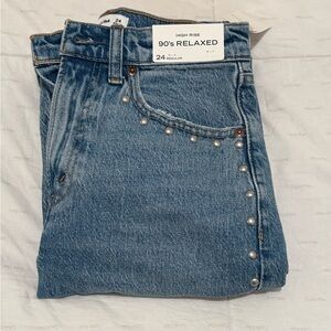 Abercrombie Women's High Rise 90's Relaxed Blue Jeans Studded
